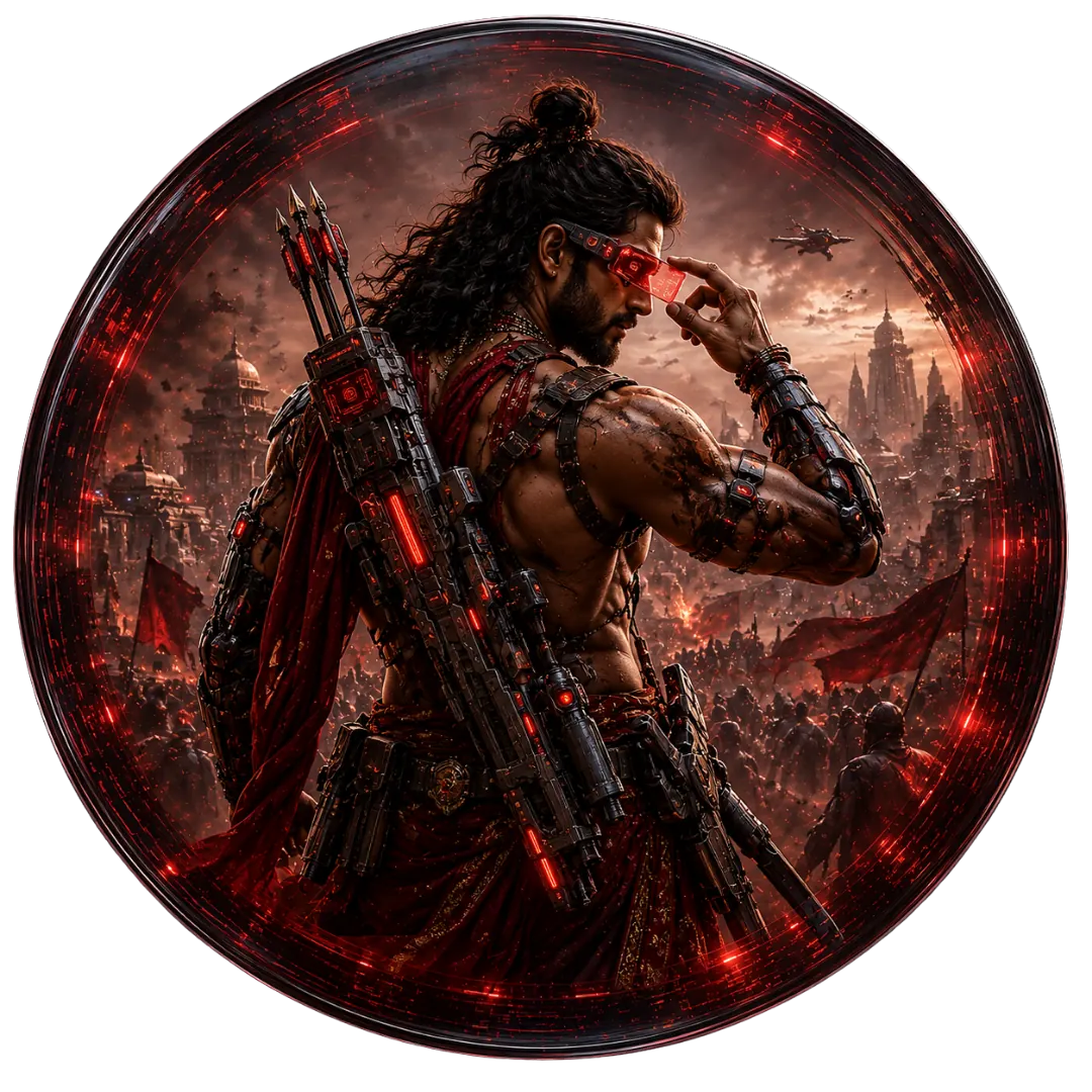 Back shot of AI warrior with red AR glasses